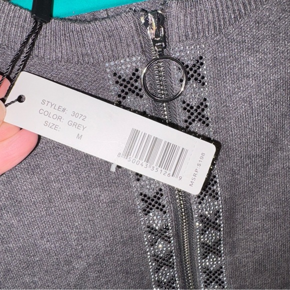 Romimona Gray Full Zip Knit Sweater with Black and Silver Embellishment - Picture 4 of 7